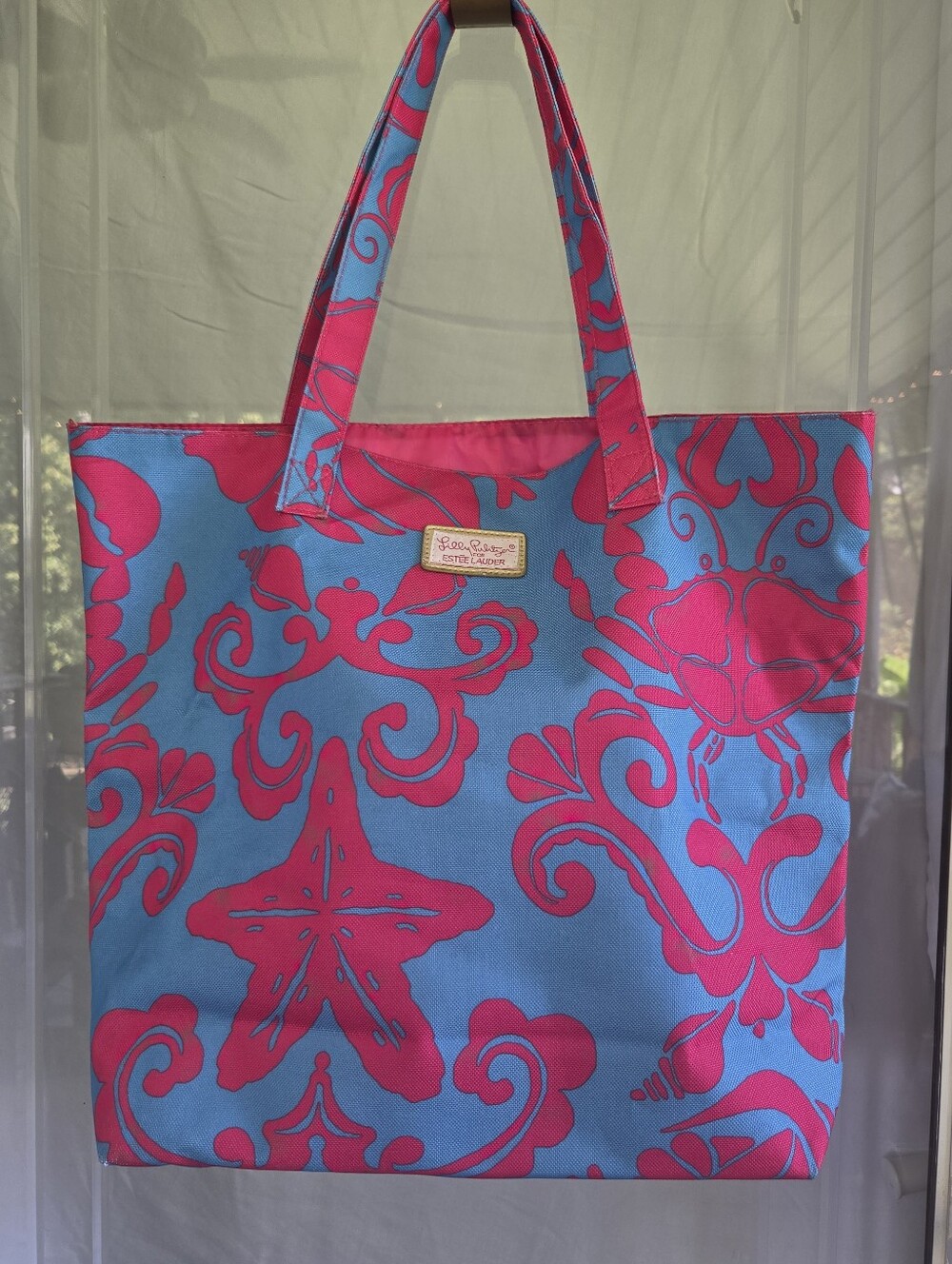 Lilly Pulitzer For Estee Lauder Bright Pink & Blue Decorative Beach Tote Bag.